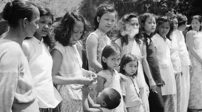 Chinese and Malayan girls forcibly taken from Penang by the Japanese to work as 'comfort girls' for the troops. Photo by Lemon A E (Sergeant), No 9 Army Film & Photographic Unit, Wikipedia Commons.