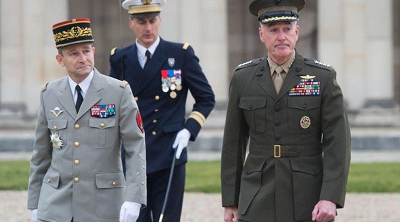 Marine Corps Gen. Joseph F. Dunford Jr., right, chairman of the Joint Chiefs of Staff, and Gen. Pierre de Villiers, chief of France's defense staff, conduct a military honors ceremony at Ecole Militarie, a military school, in Paris, Jan. 22, 2016. DoD photo by D. Myles Cullen