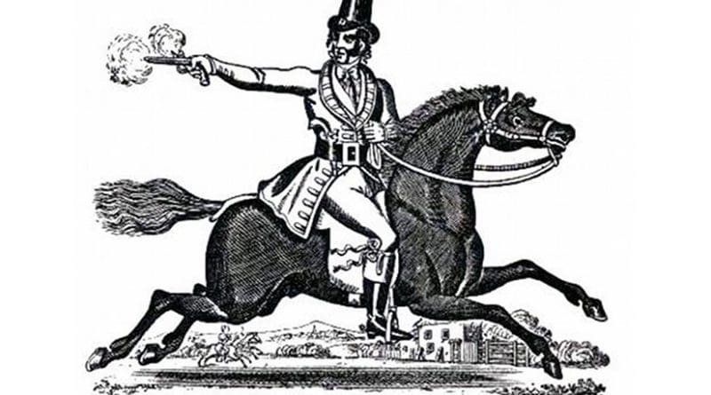 Highwayman Dick Turpin riding Black Apple, from a Victorian toy theatre. Source: Wikipedia Commons.