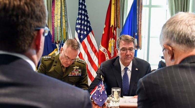 Defense Secretary Ash Carter, center right, and Australian Prime Minister Malcolm Turnbull, right, discuss defense cooperation at Pentagon on Jan. 18, 2016. DoD photo by U.S. Army Sgt. 1st Class Clydell Kinchen