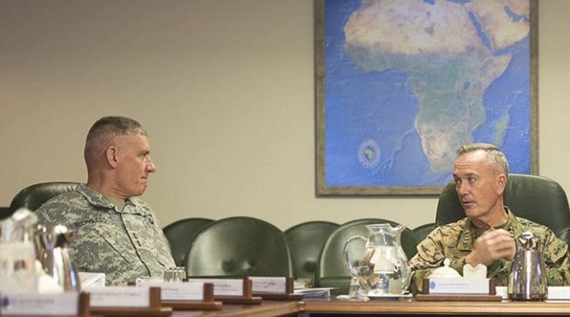 U.S. Marine Corps Gen. Joseph F. Dunford Jr., right, chairman of the Joint Chiefs of Staff, meets with U.S. Army Gen. David M. Rodriguez, commander, U.S. Africa Command, at Africom headquarters in Stuttgart, Germany, Jan. 4, 2016. DoD photo by Navy Petty Officer 2nd Class Dominique A. Pineiro