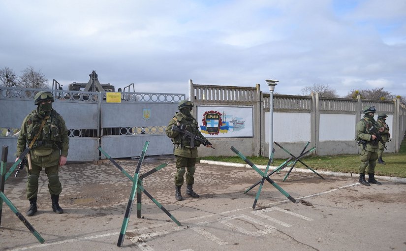 Russia's "Little green men" armed with AK-74Ms blockading Perevalne military base, 25 kilometres south of Simferopol, 9 March 2014. Photo by Anton Holoborodko, Wikipedia Commons.
