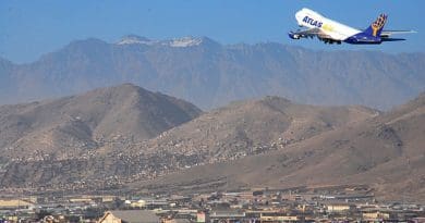 Aircraft takes off from Kabul international Airport, Kabul, Afghanistan. Photo by Eliezer Gabriel (via ISAF Headquarters Public Affairs Office from Kabul, Afghanistan), Wikipedia Commons.