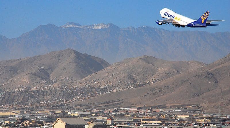 Aircraft takes off from Kabul international Airport, Kabul, Afghanistan. Photo by Eliezer Gabriel (via ISAF Headquarters Public Affairs Office from Kabul, Afghanistan), Wikipedia Commons.