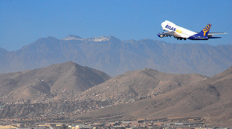 Aircraft takes off from Kabul international Airport, Kabul, Afghanistan. Photo by Eliezer Gabriel (via ISAF Headquarters Public Affairs Office from Kabul, Afghanistan), Wikipedia Commons.