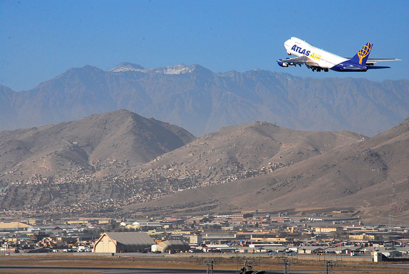 Aircraft takes off from Kabul international Airport, Kabul, Afghanistan. Photo by Eliezer Gabriel (via ISAF Headquarters Public Affairs Office from Kabul, Afghanistan), Wikipedia Commons.