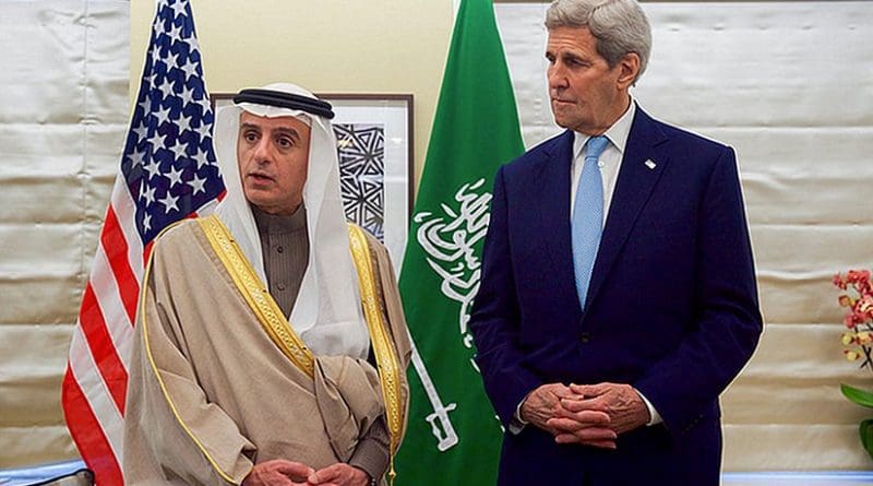 U.S. Secretary of State John Kerry listens as Saudi Arabian Foreign Minister Adel al-Jubeir addresses reporters after their meeting on January 14, 2015, at the Grosvenor House Hotel in London, U.K. Photo Credit: US State Department.