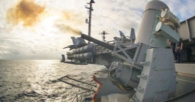 The aircraft carrier USS George Washington conducts a live-fire exercise of its Phalanx close. Photo by U.S. Navy Petty Officer 3rd Class Bryan Mai.