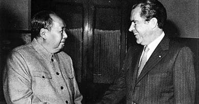 Richard Nixon meets with Mao Zedong in Beijing, February 21, 1972. Photo Credit: Nixon Presidential Materials, U.S. National Archives, College Park, Maryland, Wikipedia Commons.