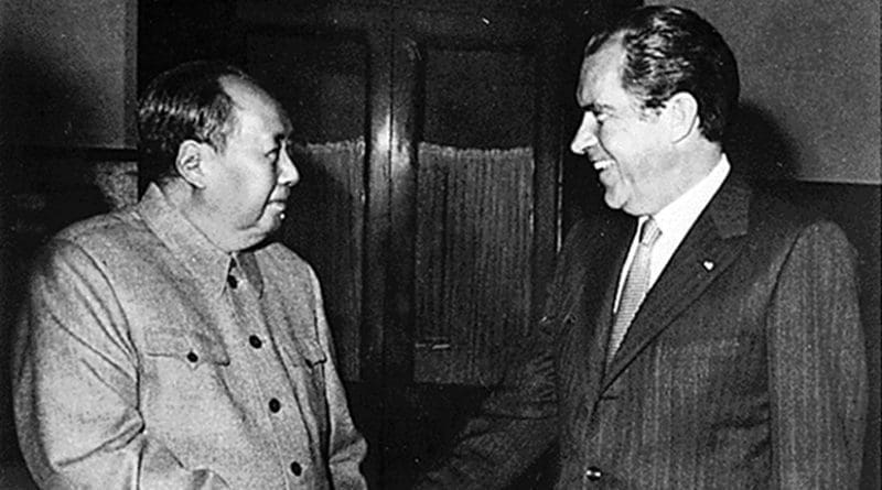 Richard Nixon meets with Mao Zedong in Beijing, February 21, 1972. Photo Credit: Nixon Presidential Materials, U.S. National Archives, College Park, Maryland, Wikipedia Commons.