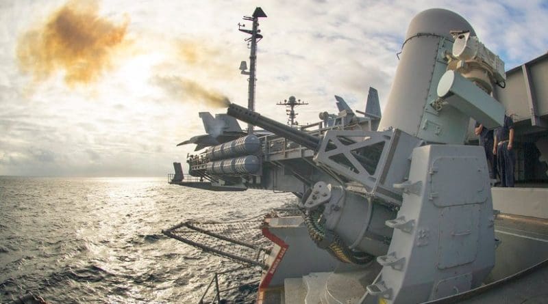 The aircraft carrier USS George Washington conducts a live-fire exercise of its Phalanx close. Photo by U.S. Navy Petty Officer 3rd Class Bryan Mai.