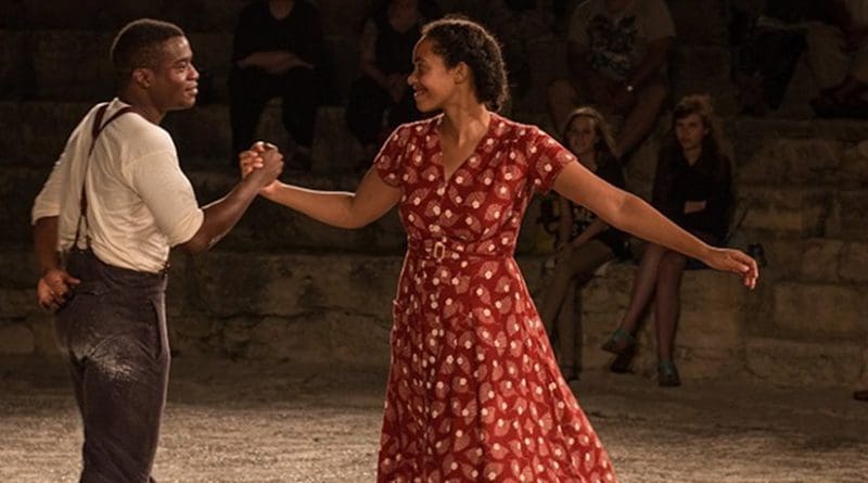 Ladi Emeruwa as Hamlet and Amanda Wilkin as Ophelia in the Globe's small-scale touring production of Hamlet, which will visit every country on earth between 23 April 2014 and 23 April 2016. Photographer Helena Miscioscia. Kourion Amphitheatre, Cyprus, 27 July 2014