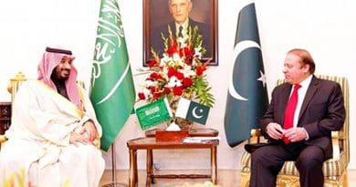 Saudi Arabia's Deputy Crown Prince Mohammed bin Salman holds talks with Pakistani Prime Minister Nawaz Sharif in Islamabad on Sunday. Photo Credit: SPA