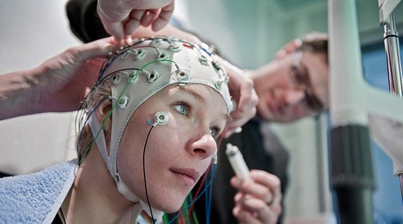 Preparation of an EEG recording. It is used for a Microstate analysis in order to depict processes in the brain temporally and spatially. © University of Bern / Adrian Moser.