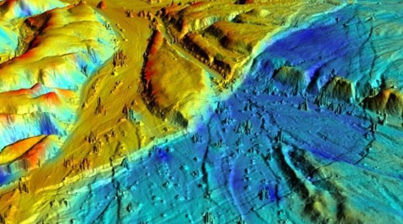 This 3-D LiDAR imaging of the Borrego Fault, ruptured during the 2010 El Mayor-Cucapah earthquake in Baja California, Mexico shows numerous small faults. The various colors represent elevation changes during the earthquake. Credit: UC Davis