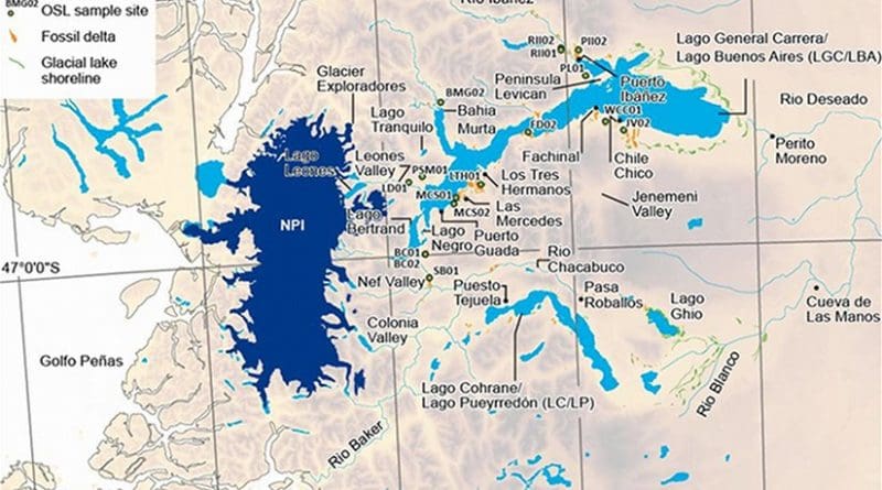 Map showing location of Lago General Carrera / Lago Buenos Aires and the large icefield to the west. Research indicates that upon the collapse of the ice dam, vast quantities of fresh water would have flowed along Rio Baker into Golfo Peñas and into the Pacific Ocean, causing changes in circulation and sea temperatures. Credit: Nature Scientific Reports/Neil F. Glasser/Krister N. Jansson/Geoffrey A. T. Duller/Joy Singarayer/Max Holloway/Stephan Harrison