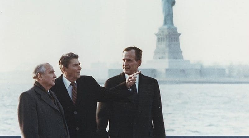 United States President Ronald Reagan and Vice President George Bush meeting with Russia's Mikhail Gorbachev on Governors Island, New York, 7 December 1988. Source: Wikipedia Commons.