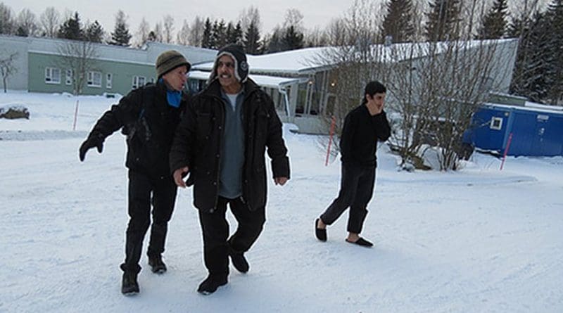The author, Mohammad and Omar at a Finnish camp for asylum seekers, January 2016