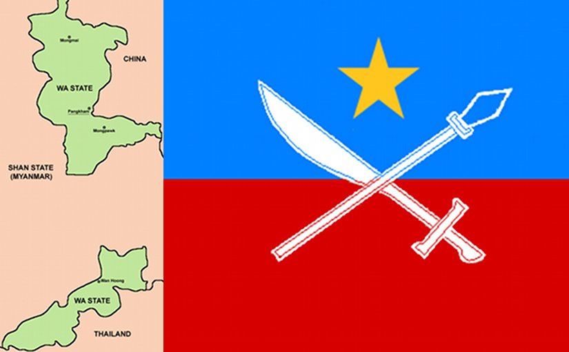 Flag of the United Wa State Army and areas of operation in Burma (Mynamar) and Thailand. Source: Wikipedia Commons.