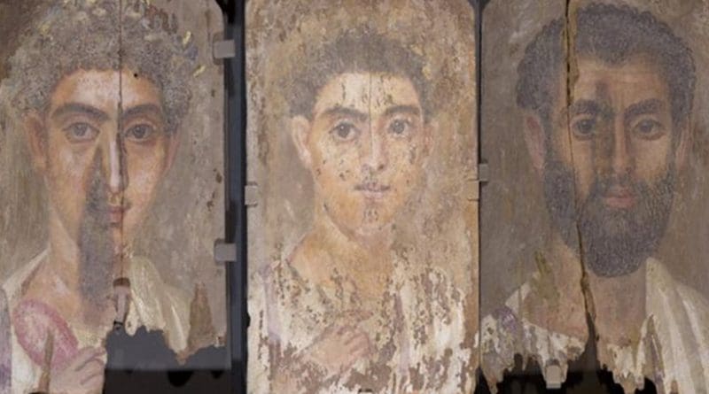Roman-era Egyptian mummy portraits from the site of Tebtunis, Egypt. Northwestern researchers discovered all three share similar style, materials and layering structure of paint, leading them to conclude the three paintings were made by a single artistic hand. From the left: 'Portrait of a Boy,'; & 'Portrait of a Young Man,' and ;'Portrait of a Bearded Man.' Credit: Phoebe A. Hearst Museum of Anthropology, University of California, Berkeley.