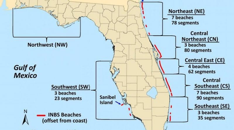 The 368 one-kilometer sections of Florida beach studied by researchers are shown in red. Credit: University of Central Florida