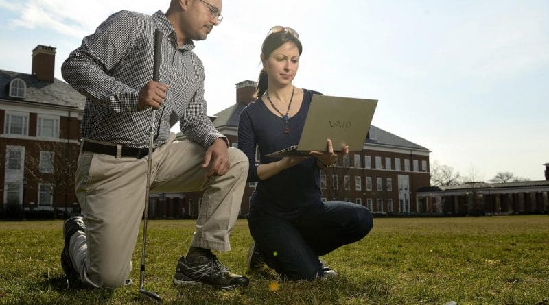 Rajat Mittal, left, a Johns Hopkins mechanical engineering professor, and Neda Yaghoobian, a visiting postdoctoral scholar, devised a computer simulation to determine how wind conditions affect the of trajectory of a golf ball in flight. Credit Will Kirk/Johns Hopkins University