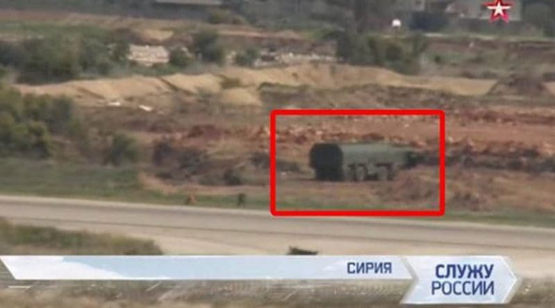 According to Russian military website military-informant.com an Iskander SS-26 Stone short-range ballistic missile complex was spotted on March 27 near the Hmeymim airbase used by Russia for its airborne attacks. It is claimed the launch complex was spotted in the background of a Russian armed forces video clip.