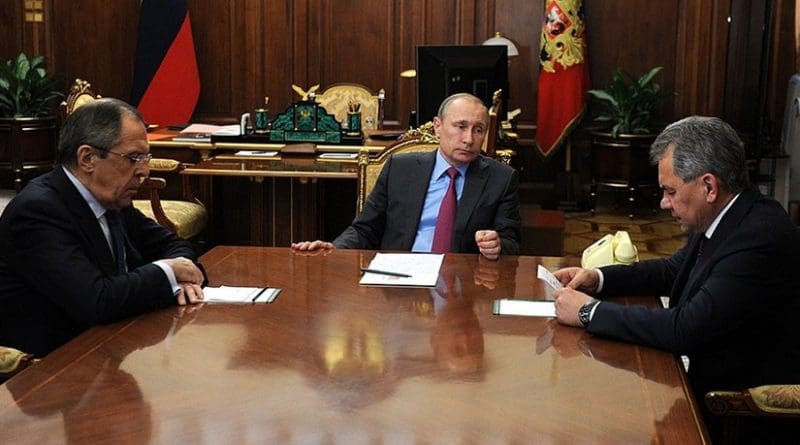 Russia's President Vladimir Putin with Foreign Minister Sergei Lavrov (left) and Defence Minister Sergei Shoigu. Source: Kremlin.ru.