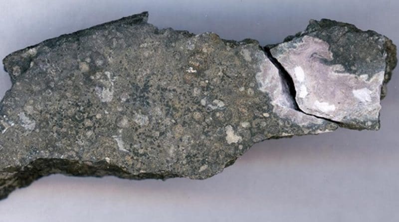 This close-up picture shows a ceramic-like refractory inclusion (pink inclusion) still embedded into the meteorite in which it was found. Refractory inclusions are the oldest-known rocks in the solar system (4.5 billion years old). Analysis of the uranium isotope ratios of such inclusions demonstrates that a long-lived isotope of the radioactive element curium was present in the solar system when this inclusion was formed. The inclusion measures 1.5 centimers (.59 inches) in length. Credit Origins Lab, University of Chicago