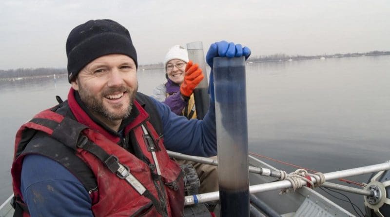 Jon Woodruff and doctoral student Christine Brandon collected core sediment samples from 5 to 6.5 meters (about 16 to 21 feet) deep, going back about 3,000 years in outer New York Harbor's hisory to analyze storm layers and other features. Credit UMass Amherst