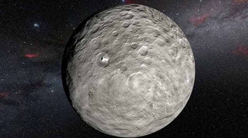 from NASA's Dawn spacecraft in orbit around the dwarf planet Ceres. It shows the very bright patches of material in the crater Occator and elsewhere. New observations using the HARPS spectrograph on the ESO 3.6-metre telescope at La Silla in Chile have revealed unexpected daily changes on these spots, suggesting that they change under the influence of sunlight as Ceres rotates. Credit ESO/L.Calçada/NASA/JPL-Caltech/UCLA/MPS/DLR/IDA/Steve Albers/N. Risinger (skysurvey.org)