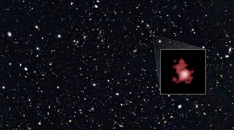 This image shows the position of the most distant galaxy discovered so far within a deep sky Hubble Space Telescope survey called GOODS North (Great Observatories Origins Deep Survey North). The survey field contains tens of thousands of galaxies stretching far back into time. The remote galaxy GN-z11, shown in the inset, existed only 400 million years after the Big Bang, when the Universe was only 3 percent of its current age. It belongs to the first generation of galaxies in the Universe and its discovery provides new insights into the very early Universe. This is the first time that the distance of an object so far away has been measured from its spectrum, which makes the measurement extremely reliable. GN-z11 is actually ablaze with bright, young, blue stars but these look red in this image because its light was stretched to longer, redder, wavelengths by the expansion of the Universe. Credit NASA, ESA, and P. Oesch (Yale University)