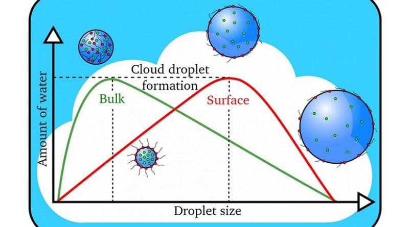 Cloud droplets form when the amount of water vapor reaches a threshold value. Larger cloud droplets form when organic molecules (in red) are present on the surface instead of dissolving in the interior, or bulk, of the droplet. Credit James Davies, Berkeley Lab