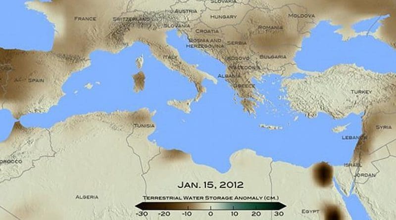 For January 2012, brown shades show the decrease in water storage from the 2002-2015 average in the Mediterranean region. Units in centimeters. The data is from the Gravity Recovery and Climate Experiment, or GRACE, satellites, a joint mission of NASA and the German space agency. Credit Credits: NASA/ Goddard Scientific Visualization Studio