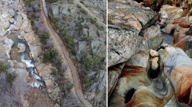 This is an aerial photograph of the Truchillas river (Truchas, Leon), and detail of its volcanic rock. Credit J. Fernandez Lozano et al.