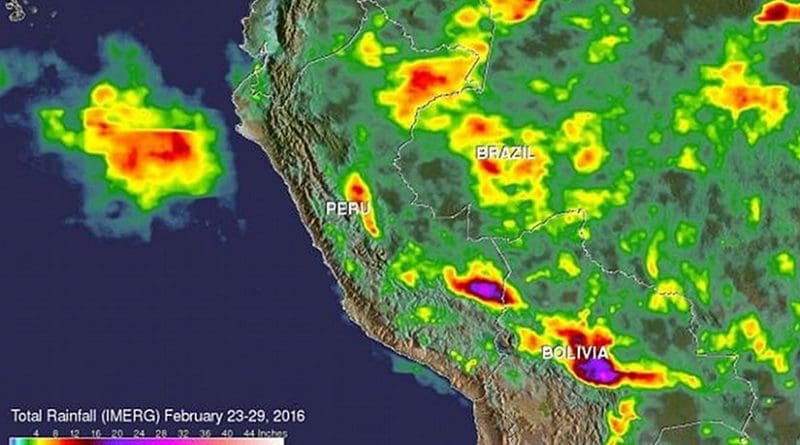 NASA's IMERG data collected from Feb. 23-29, 2016, were used to estimate rainfall totals over this area of South America. The highest rainfall total estimates for this period were over 700 mm (27.6 inches). These extreme rainfall total estimates were shown east of the Andes in southeastern Peru and Bolivia. Credit Credits: ASA/JAXA/SSAI, Hal Pierce