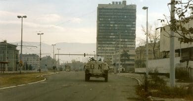 Norwegian Sisu from NORLOGBAT APC at "Sniper Alley" in Sarajevo, Yugoslavia, December 1995. Photo by Paalso, Wikipedia Commons.