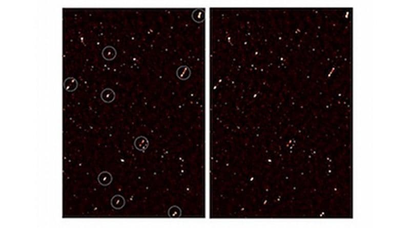 An image of the deep radio map covering the ELAIS-N1 region, with aligned galaxy jets. The image on the left has white circles around the aligned galaxies; the image on the right is without the circles. Credit: Prof Russ Taylor