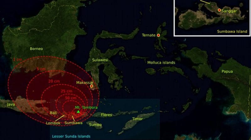 The 1815 Mount Tambora eruption. The red areas are maps of the thickness of volcanic ashfall. Source: Wikipedia Commons.