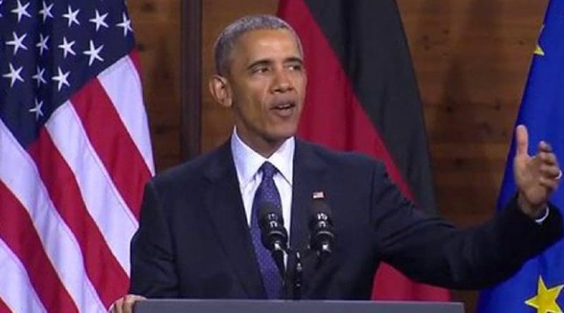 US President Barack Obama speaking in Germany. Source: Screenshot from White House video.