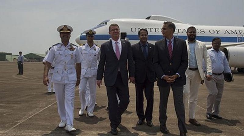 US Defense Secretary Ash Carter, left, walks with U.S. Ambassador to India Richard Verma, right, as he arrives in Goa, India, April 10, 2016. Carter is visiting India and the Philippines to solidify the U.S. rebalance to the Asia-Pacific region. DoD photo by Air Force Senior Master Sgt. Adrian Cadiz