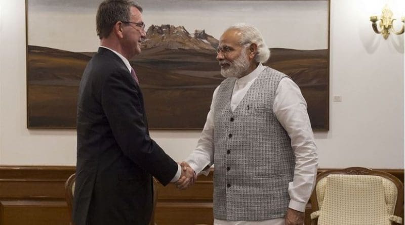 US Defense Secretary Ash Carter, left, shakes hands with Indian Prime Minister Narendra Modi as Carter arrives at the prime minister's residence to discuss matters of mutual importance in New Delhi, April 12, 2016. DoD photo by Air Force Senior Master Sgt. Adrian Cadiz