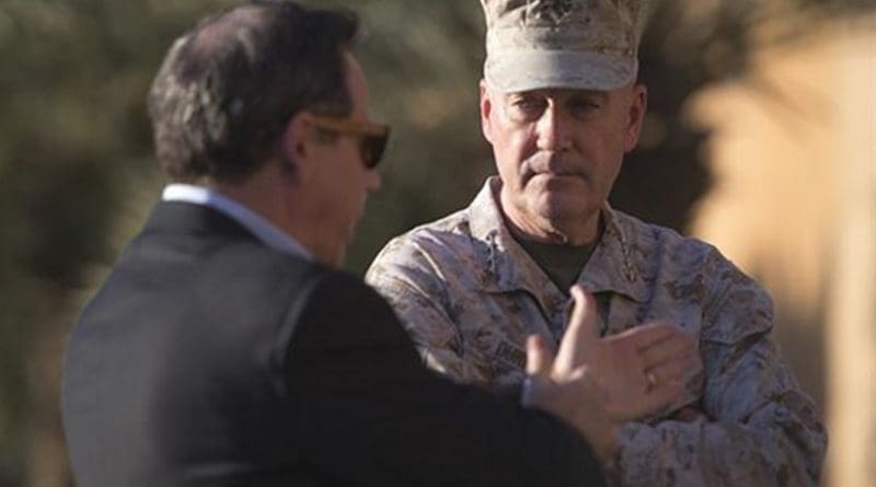 U.S. Ambassador to Iraq Stuart Jones speaks to Marine Corps Gen. Joe Dunford, chairman of the Joint Chiefs of Staff, after Dunford arrived at Baghdad International Airport in Iraq, April 20, 2016. DoD photo by Navy Petty Officer 2nd Class Dominique A. Pineiro