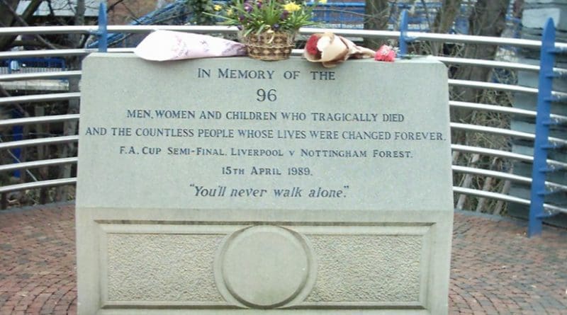The Memorial to the fatalities of the Hillsborough disaster at Hillsborough Stadium. Photo by Superbfc, Wikipedia Commons.