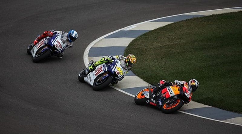 Grand Prix (MotoGP) motorcycle racing. Photo by Robert Scoble, Wikipedia Commons.