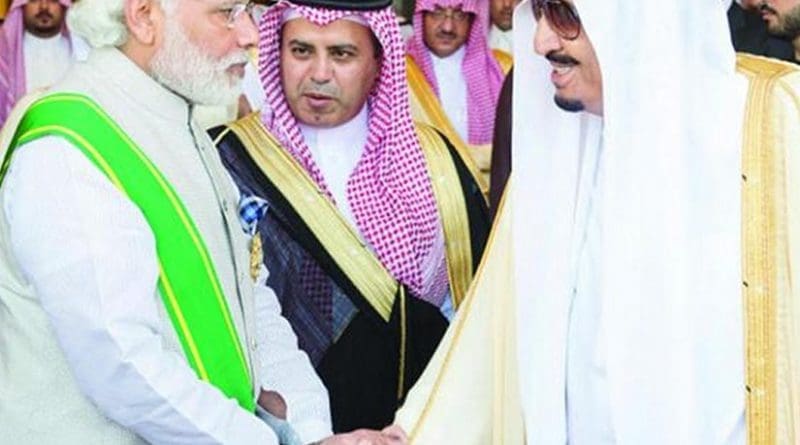 Saudi Arabia's King Salman greets Indian Prime Minister Narendra Modi after conferring the highest civilian award, the King Abdul Aziz Medal, on him in Riyadh. Photo Credit: SPA