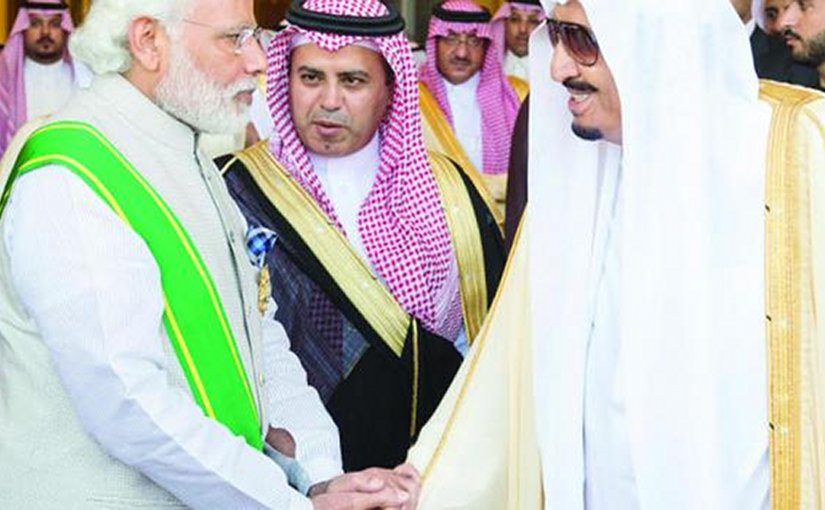 Saudi Arabia's King Salman greets Indian Prime Minister Narendra Modi after conferring the highest civilian award, the King Abdul Aziz Medal, on him in Riyadh. Photo Credit: SPA