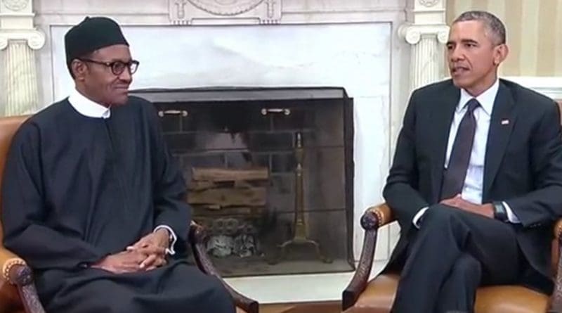 Nigeria's President Muhammadu Buhari meets US President Barack Obama in White House. Source: Screenshot from White House video.