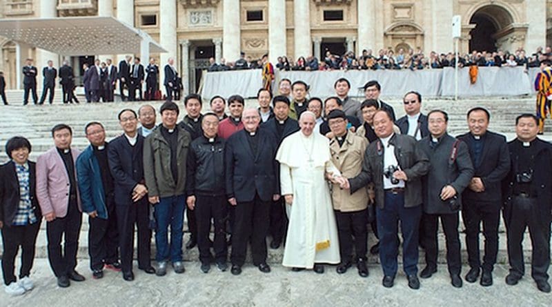 Pope Francis meets with the 23 priests from China who were introduced by Father Jeroom Heyndrickx. Photo courtesy of the Verbiest Institute