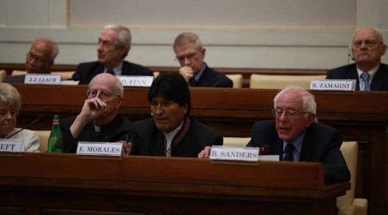 Ecuador's Evo Morales and US' Bernie Sanders at at a conference celebrating the 25th anniversary of Pope John Paul II’s “Centesimus Annus.” Photo Credit: Bernie Sanders for 2016 Website.